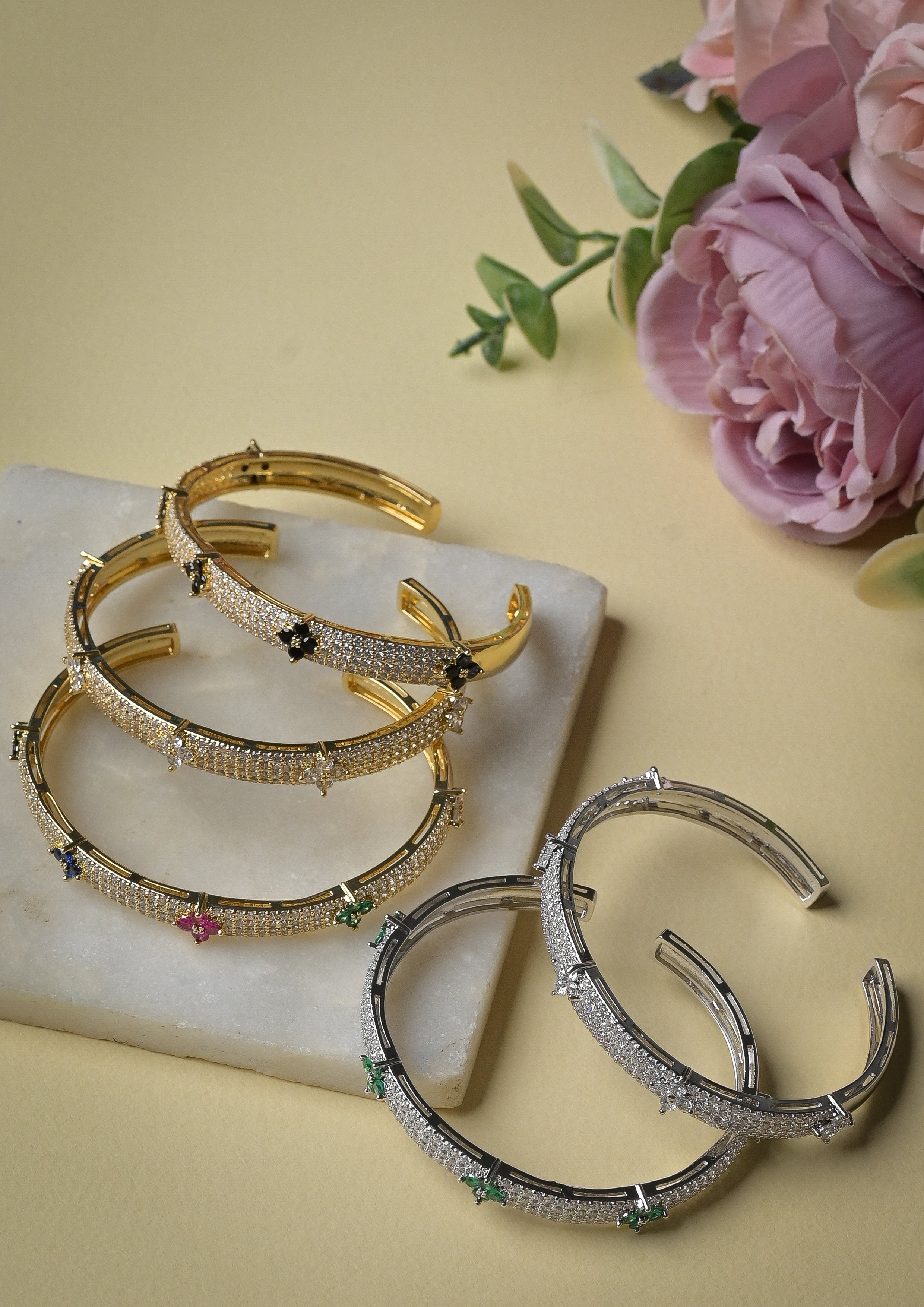 Zircon encrusted flower bangles