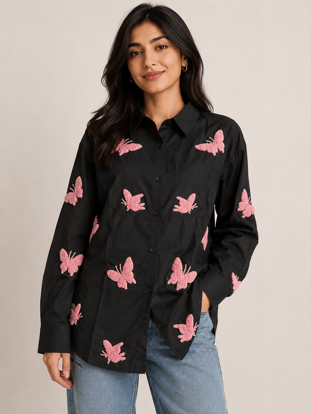 Embroidered butterfly shirt(black) - Reen & co.Embroidered butterfly shirt(black)