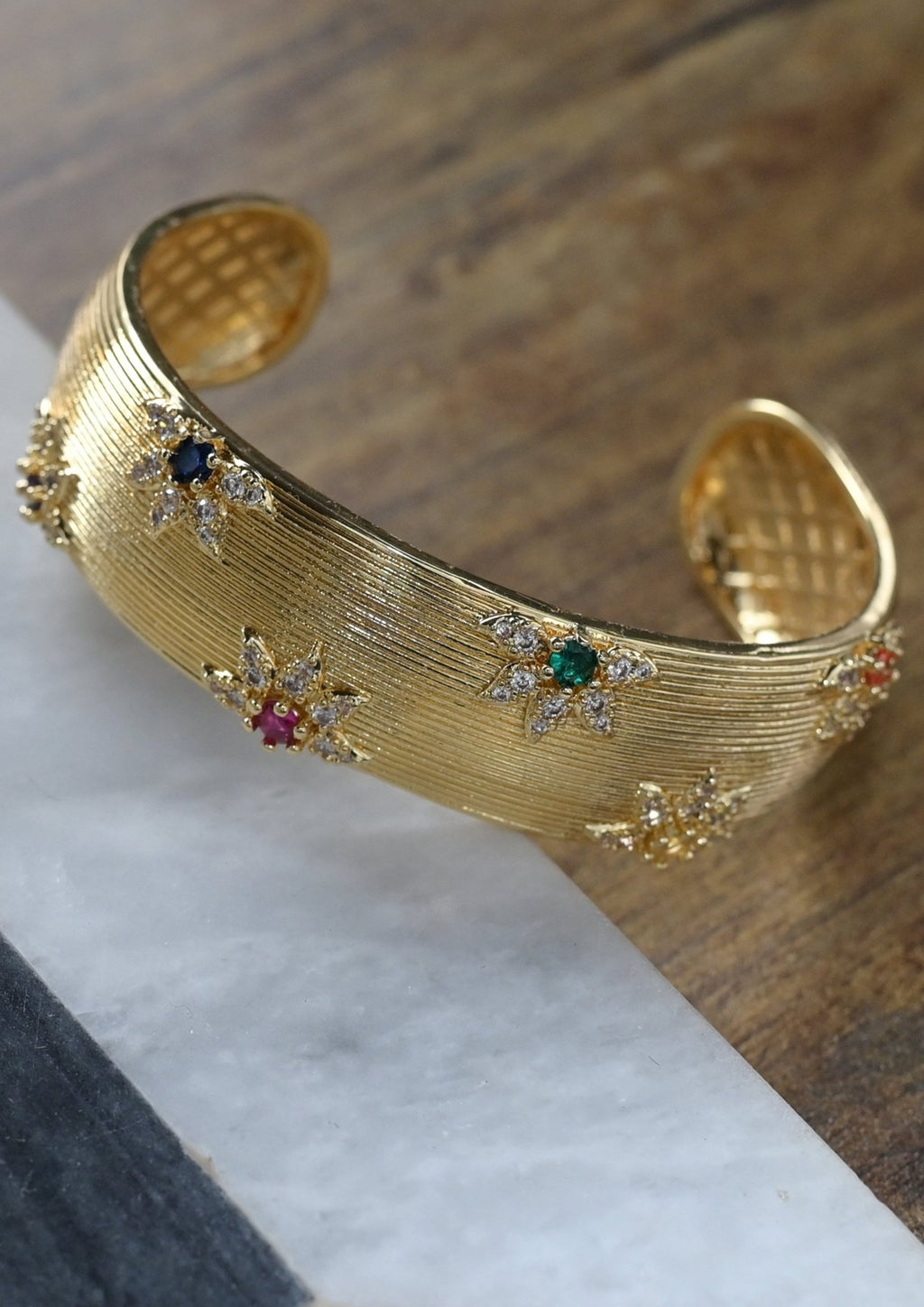 Flower encrusted open bangle cuff - Reen & co.Flower encrusted open bangle cuff