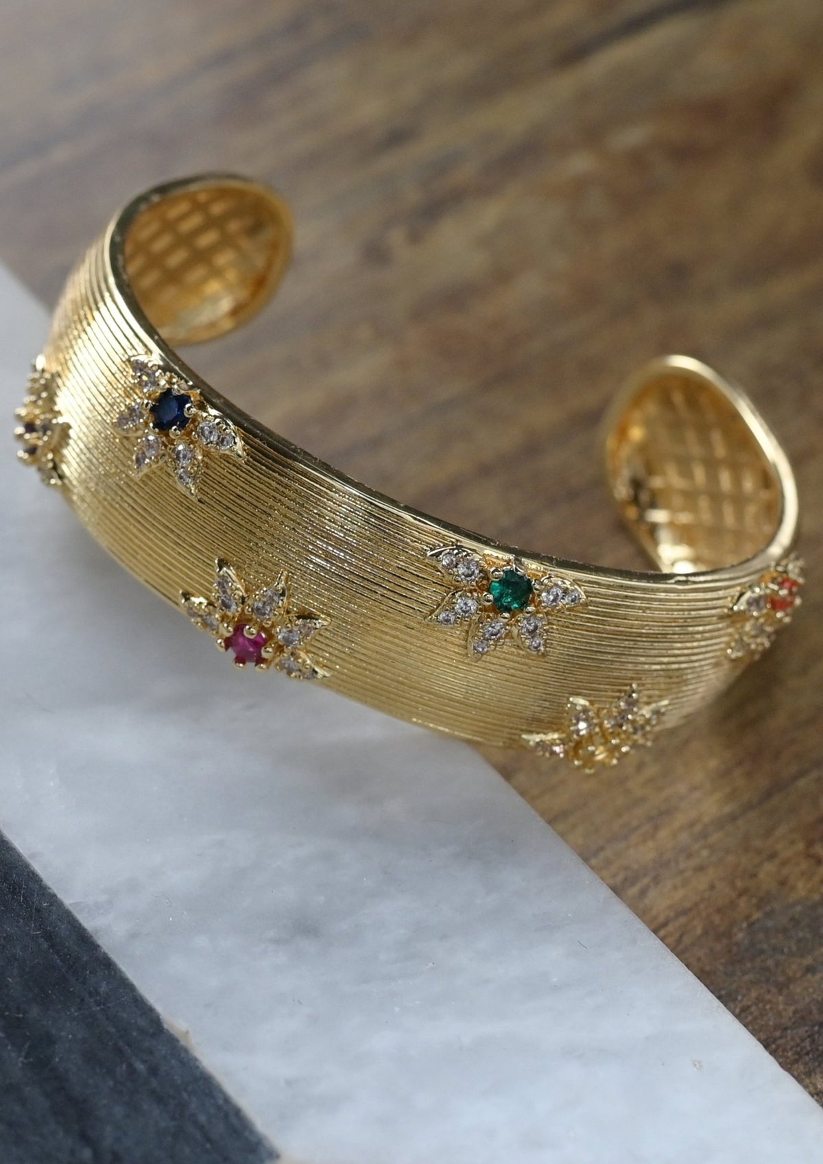 Flower encrusted open bangle cuff - Reen & co.Flower encrusted open bangle cuff